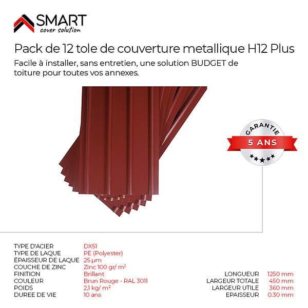 BRAVO THE SMART SOLUTION - SMART COVER Pack 12 tôles bac acier - toiture - couverture H12 | Dimensions: 125cm x 45cm=6,75m² | épaisseur: 0,30mm  | Qualité Allemande | Acier couleur RAL 7016 - large