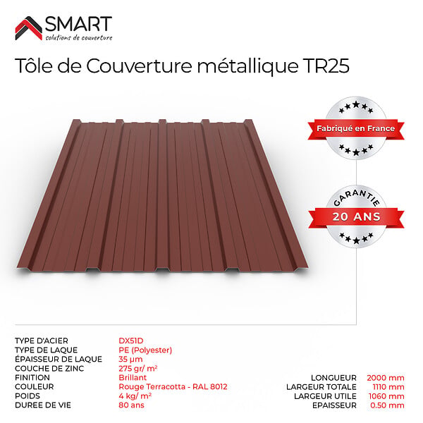 BRAVO THE SMART SOLUTION - Tôle bac acier - Toiture - Couverture - plaque TR25 Coloris Rouge Terracotta RAL 8012 Dimensions 2000x1110x0.50mm - large