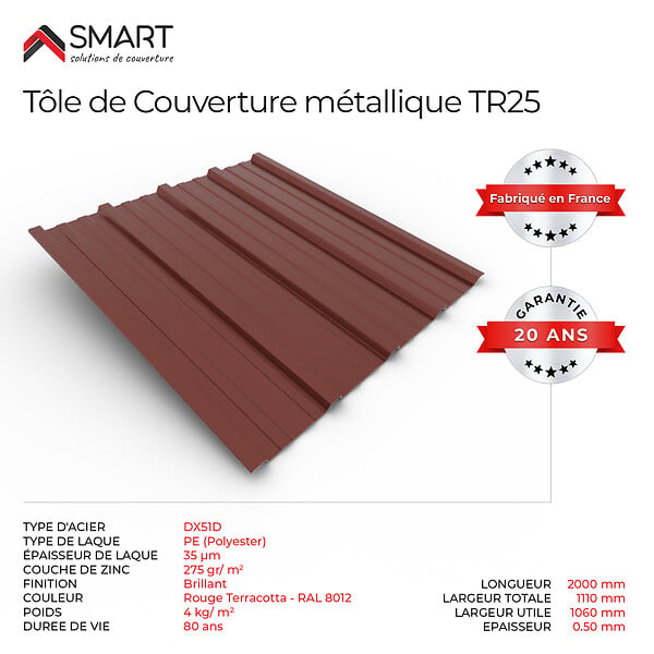 BRAVO THE SMART SOLUTION - Tôle bac acier - Toiture - Couverture - plaque TR25 Coloris Rouge Terracotta RAL 8012 Dimensions 2000x1110x0.50mm - large