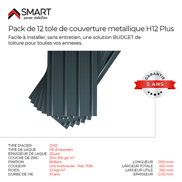 BRAVO THE SMART SOLUTION - SMART COVER Pack 12 petites tôles bac acier - toiture - couverture H12 | Dimensions: 125cm x 45cm=6,75m² | épaisseur: 0,30mm  | Qualité Allemande | Acier couleur RAL 7016 - large