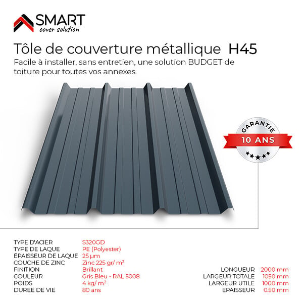 BRAVO THE SMART SOLUTION - Tôle bac acier - Toiture - Couverture - plaque TR45 Coloris Gris Bleu RAL 5008 Dimensions 2000x1050x0.50mm - large