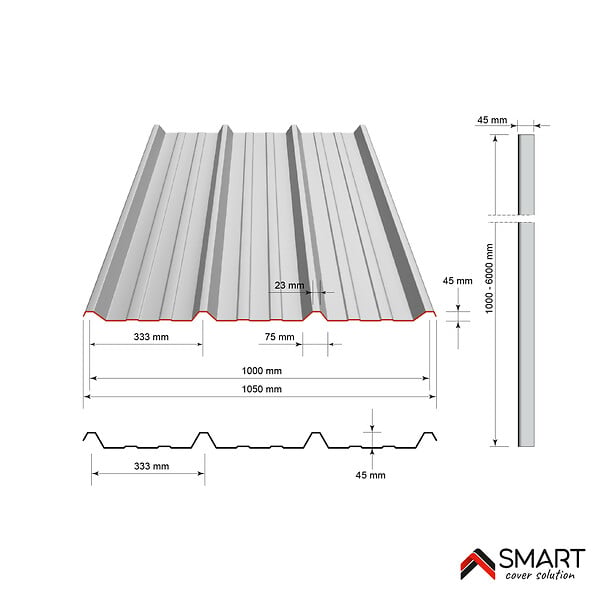 BRAVO THE SMART SOLUTION - Tôle bac acier - Toiture - Couverture - plaque TR45 Coloris Gris Bleu RAL 5008 Dimensions 2000x1050x0.50mm - large