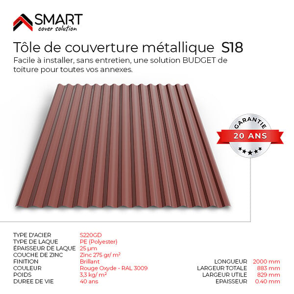 BRAVO THE SMART SOLUTION - Tôle bac acier - Toiture - Couverture - plaque S18 Coloris Rouge Oxyde RAL 3009  Dimensions 2000x883x0.40mm - large
