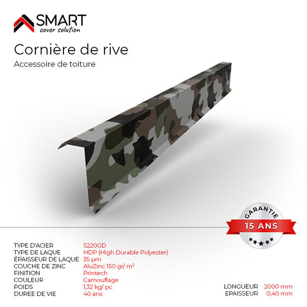 BRAVO THE SMART SOLUTION - Cornière de rive - bac acier - tôle de couverture - Toiture -  H12 Coloris Camouflage Printech L=2m - large