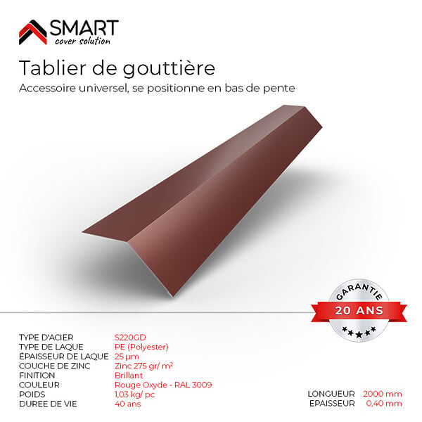 BRAVO THE SMART SOLUTION - Tablier de gouttière - bac acier - tôle de couverture - Toiture -  H12 Rouge Oxyde RAL 3009 L=2m, épaisseur 0.40mm - large