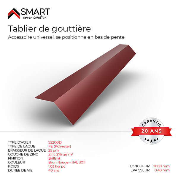 BRAVO THE SMART SOLUTION - Tablier de gouttière - bac acier - tôle de couverture - Toiture -  H12 Brun Rouge RAL 3011 L=2m - large