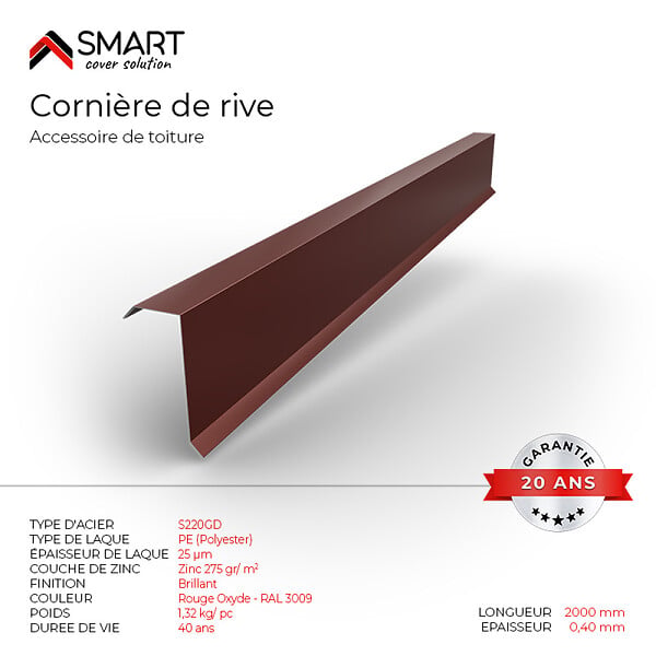 BRAVO THE SMART SOLUTION - Cornière de rive - bac acier - tôle de couverture - Toiture -  H12 Rouge Oxyde RAL 3009 L=2m, épaisseur 0.40mm - large