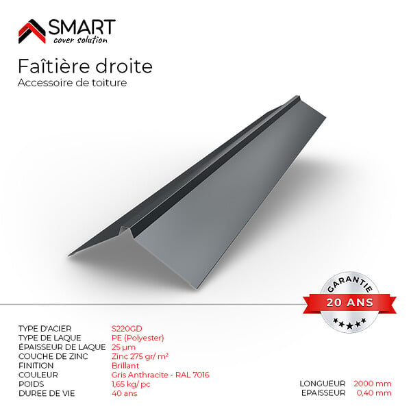 BRAVO THE SMART SOLUTION - Faîtière droite - bac acier - tôle de couverture - Toiture -  H12 Gris Anthracite RAL 7016 L=2m - large