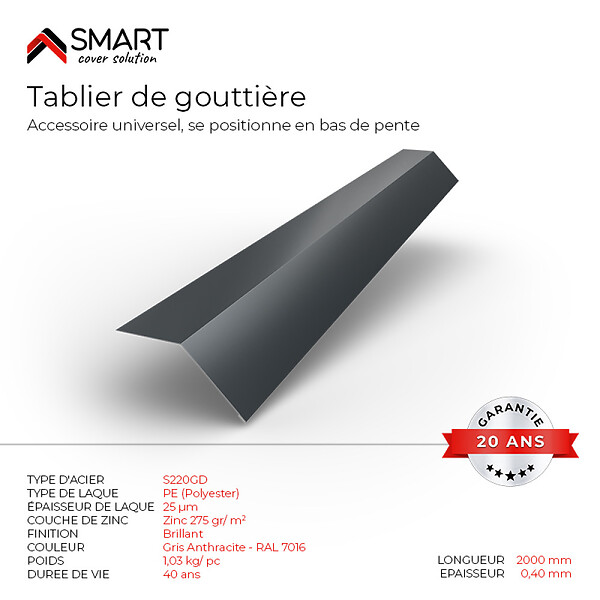 BRAVO THE SMART SOLUTION - Tablier de gouttière - bac acier - tôle de couverture - Toiture -  H12 Gris Anthracite RAL 7016 L=2m - large