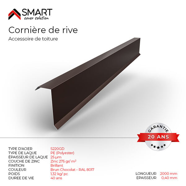 BRAVO THE SMART SOLUTION - Cornière de rive - bac acier - tôle de couverture - Toiture -  H12 Brun Chocolat RAL 8017 L=2m - large