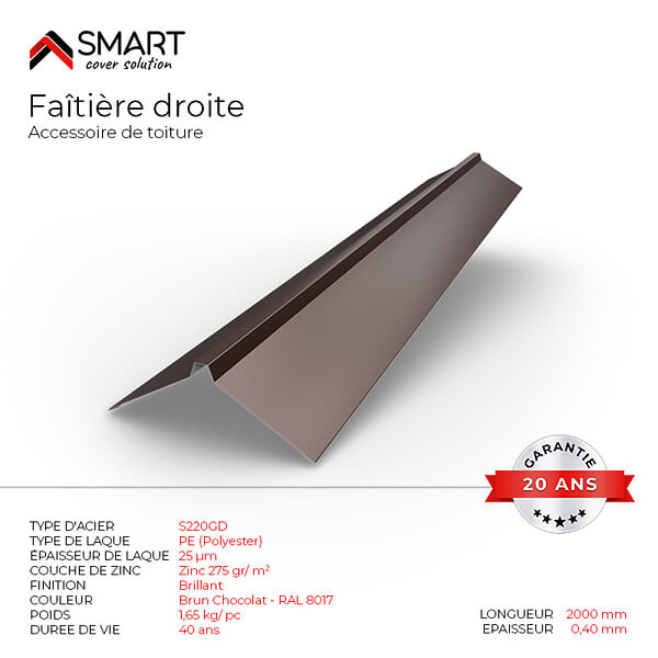 BRAVO THE SMART SOLUTION - Faîtière droite - bac acier - tôle de couverture - Toiture -  H12 Brun Chocolat RAL 8017 L=2m - large
