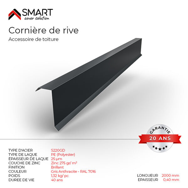 BRAVO THE SMART SOLUTION - Cornière de rive - bac acier - tôle de couverture - Toiture -  H12 Gris Anthracite RAL 7016 L=2m - large