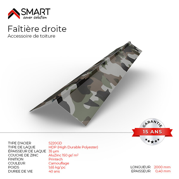 BRAVO THE SMART SOLUTION - Faîtière droite - bac acier - tôle de couverture - Toiture -  H12 Coloris Camouflage Printech L=2m - large