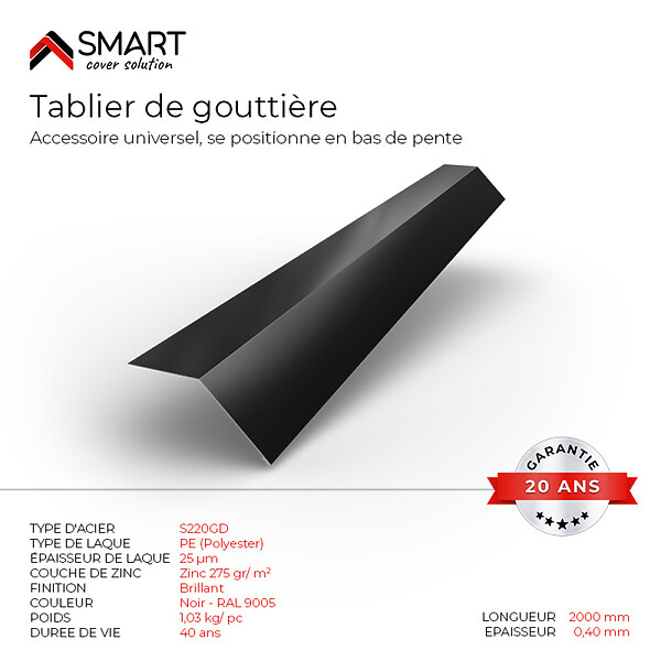 BRAVO THE SMART SOLUTION - Tablier de gouttière - bac acier - tôle de couverture - Toiture -  H12 Noire RAL 9005 L=2m - large