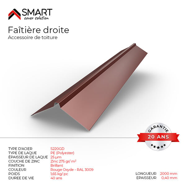 BRAVO THE SMART SOLUTION - Faîtière droite - bac acier - tôle de couverture - Toiture -  H12 Rouge Oxyde RAL 3009 L=2m, épaisseur 0.40mm - large