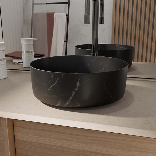 AURLANE - Vasque à poser ronde en céramique noire mat effet marbre 36x12 cm - BLACK MARBLE - large