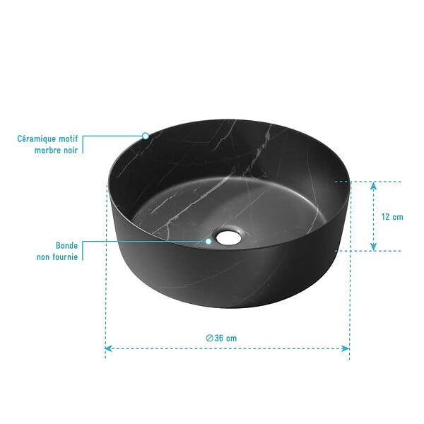 AURLANE - Vasque à poser ronde en céramique noire mat effet marbre 36x12 cm - BLACK MARBLE - large