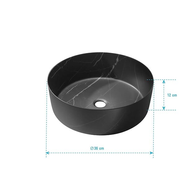 AURLANE - Vasque à poser ronde en céramique noire mat effet marbre 36x12 cm - BLACK MARBLE - large