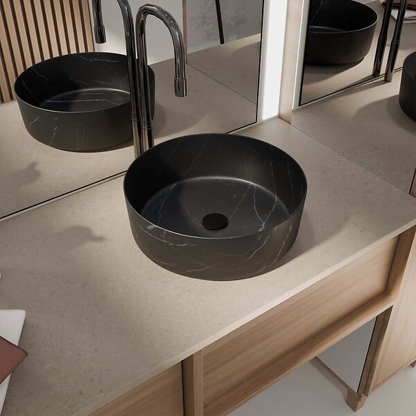 AURLANE - Vasque à poser ronde en céramique noire mat effet marbre 36x12 cm - BLACK MARBLE - large