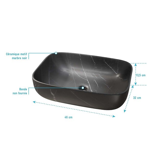 AURLANE - Vasque à poser rectangulaire en céramique noire mat effet marbre 46x32x13.5 cm - BLACK MARBLE - large
