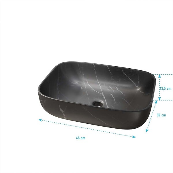 AURLANE - Vasque à poser rectangulaire en céramique noire mat effet marbre 46x32x13.5 cm - BLACK MARBLE - large