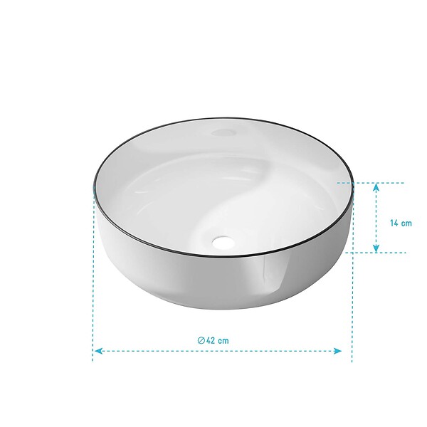 AURLANE - Vasque à poser ronde en céramique 42x14 cm - Blanc et liseré noir - large