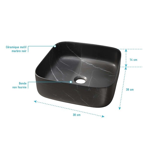 AURLANE - Vasque à poser carrée en céramique noire mat effet marbre 38x38x14 cm - BLACK MARBLE - large