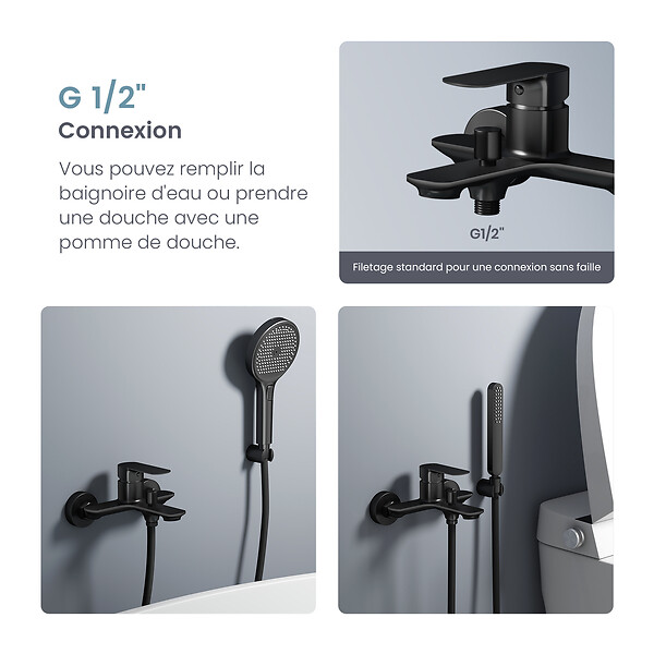 EMKE - EMKE Mitigeur mural bain-douche noir mat, robinet de salle de bain à levier unique, dimensions 21,2 x 18,3 cm - large