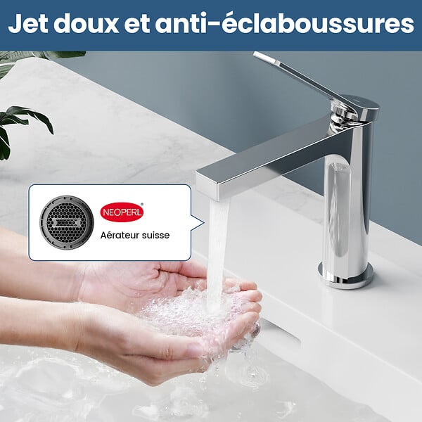EMKE - EMKE Mitigeur de lavabo design chromé – Robinet salle de bain avec cartouche céramique en laiton, 19,5 × 17,3 cm, mousseur démontable - large