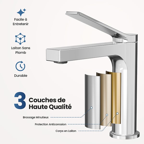 EMKE - EMKE Mitigeur de lavabo design chromé – Robinet salle de bain avec cartouche céramique en laiton, 19,5 × 17,3 cm, mousseur démontable - large