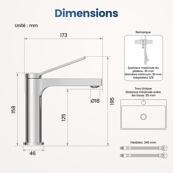 EMKE - EMKE Mitigeur de lavabo design chromé – Robinet salle de bain avec cartouche céramique en laiton, 19,5 × 17,3 cm, mousseur démontable - large