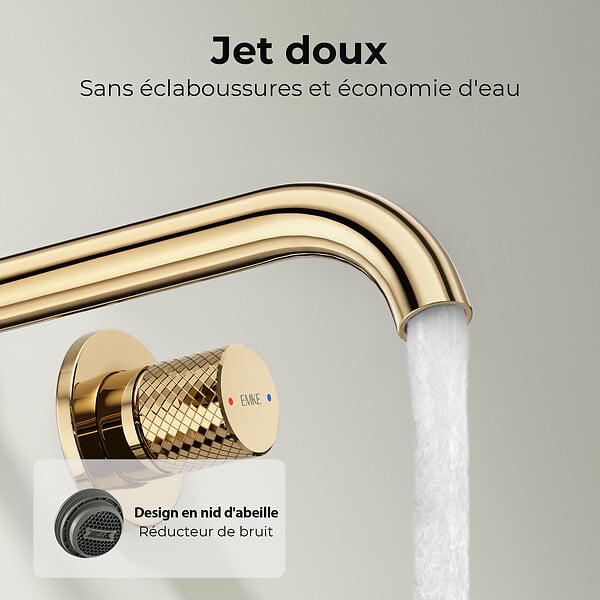 EMKE - EMKE Mitigeur Lavabo Mural Design Séparé 281×140×65 mm, Robinet Or Champagne en Laiton & Inox 304, Cartouche Céramique Longue Durée - large