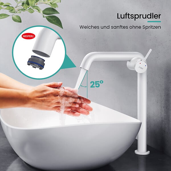 EMKE - EMKE Mitigeur de Lavabo Blanc Mat Design, 332 × 220 × 76 mm, Robinet Salle de Bain en Laiton, Cartouche Céramique Longue Durée, Pose Rapid - large