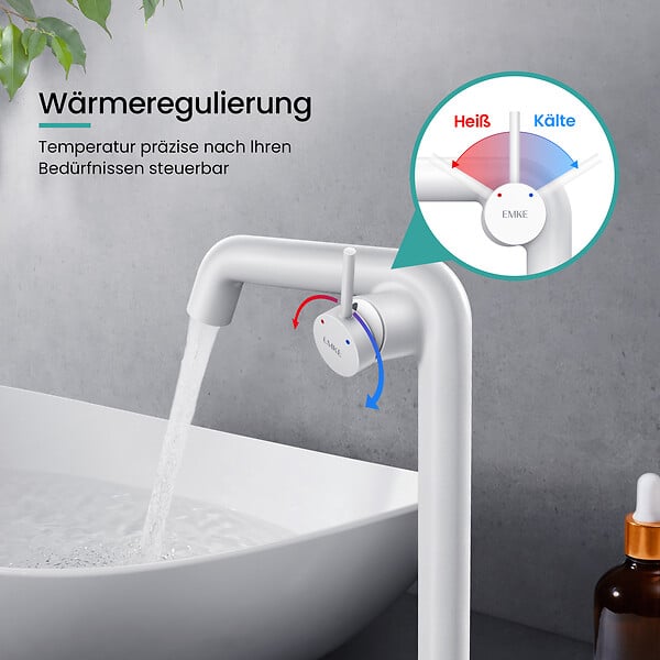 EMKE - EMKE Mitigeur de Lavabo Blanc Mat Design, 332 × 220 × 76 mm, Robinet Salle de Bain en Laiton, Cartouche Céramique Longue Durée, Pose Rapid - large