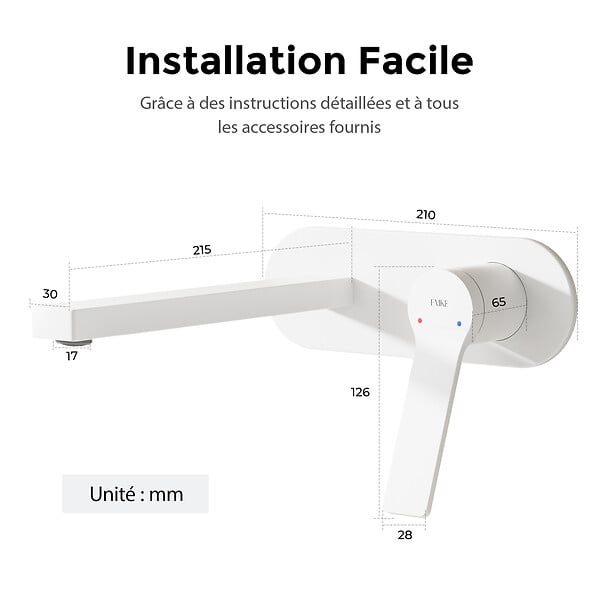 EMKE - EMKE Mitigeur Lavabo Design Séparé, Robinet Mural Blanc Mat 288×210×70 mm, Corps en Laiton et Inox 304, Cartouche Céramique Haute Durabilité - large