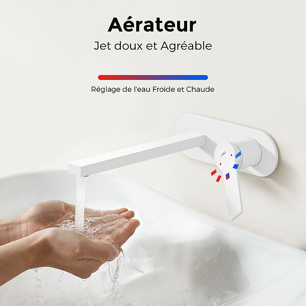 EMKE - EMKE Mitigeur Lavabo Design Séparé, Robinet Mural Blanc Mat 288×210×70 mm, Corps en Laiton et Inox 304, Cartouche Céramique Haute Durabilité - large