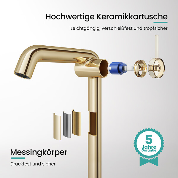 EMKE - EMKE Mitigeur de Lavabo Or Champagne Design, 332 × 220 × 76 mm, Robinet Salle de Bain en Laiton, Cartouche Céramique Longue Durée, Pose Rapid - large