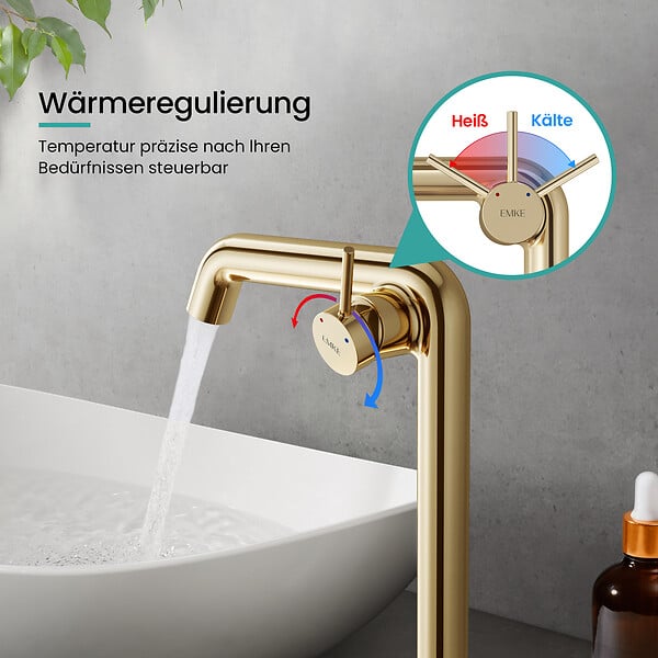 EMKE - EMKE Mitigeur de Lavabo Or Champagne Design, 332 × 220 × 76 mm, Robinet Salle de Bain en Laiton, Cartouche Céramique Longue Durée, Pose Rapid - large