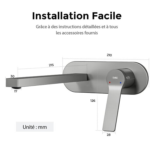 EMKE - EMKE Mitigeur Lavabo Design Séparé, Robinet Mural Anthracite 288×210×70 mm, Corps en Laiton et Inox 304, Cartouche Céramique Haute Durabilité - large