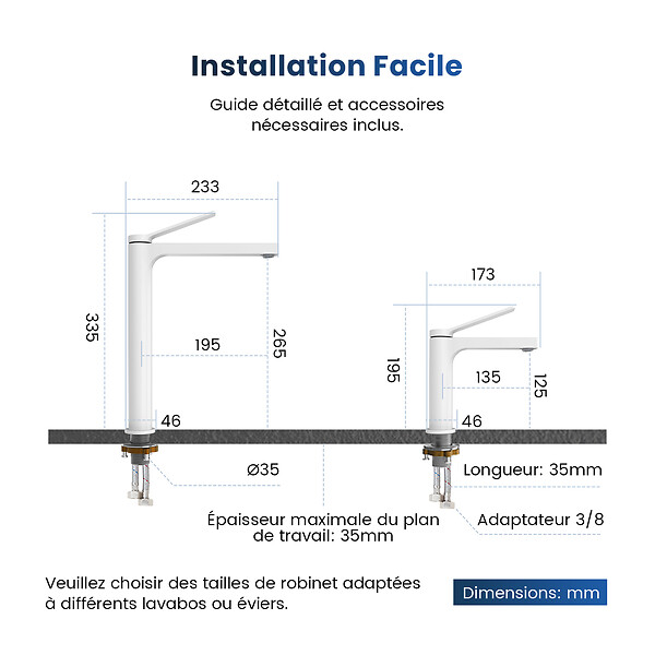 EMKE - EMKE Mitigeur pour Lavabo et Cuisine 335×233×46 mm, Robinet Blanc Mat en Laiton & Inox 304, Cartouche Céramique, Aérateur Économiseur d’Eau - large