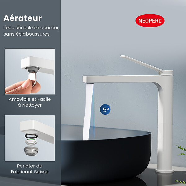 EMKE - EMKE Mitigeur pour Lavabo et Cuisine 335×233×46 mm, Robinet Blanc Mat en Laiton & Inox 304, Cartouche Céramique, Aérateur Économiseur d’Eau - large