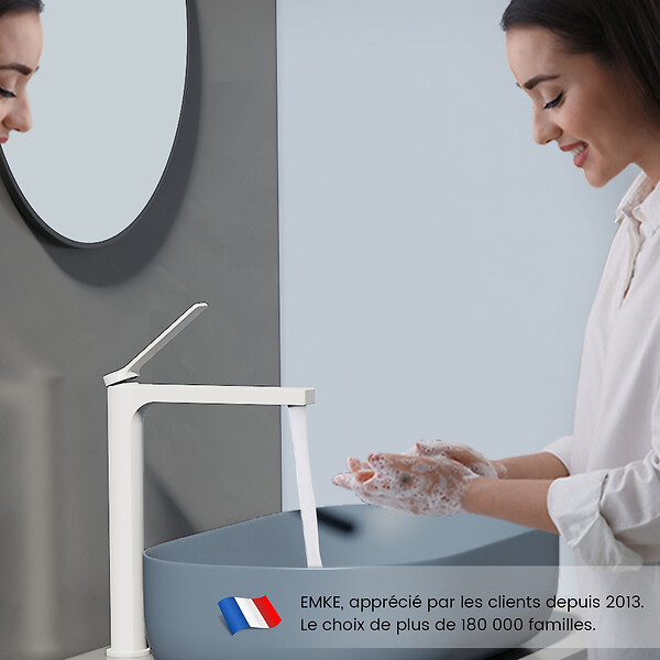 EMKE - EMKE Mitigeur pour Lavabo et Cuisine 335×233×46 mm, Robinet Blanc Mat en Laiton & Inox 304, Cartouche Céramique, Aérateur Économiseur d’Eau - large