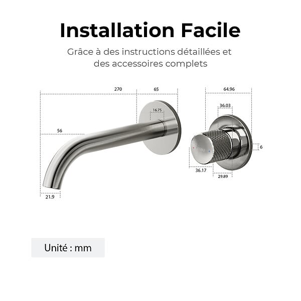 EMKE - EMKE Mitigeur Lavabo Mural Design Séparé 281×140×65 mm, Robinet Anthracite en Laiton & Inox 304, Cartouche Céramique Longue Durée - large