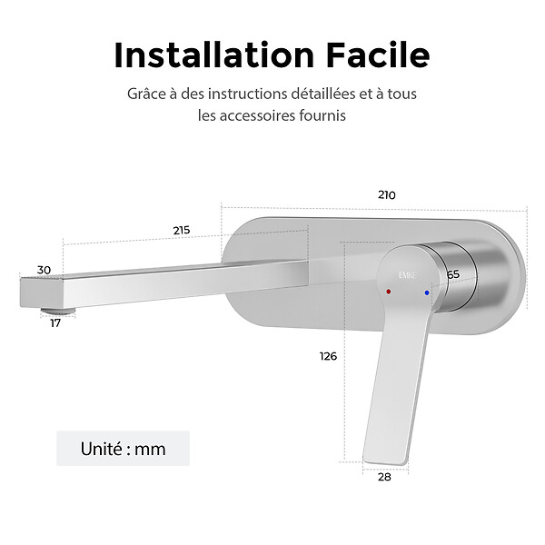 EMKE - EMKE Mitigeur Lavabo Design Séparé, Robinet Mural Chromé 288×210×70 mm, Corps en Laiton et Inox 304, Cartouche Céramique Haute Durabilité - large