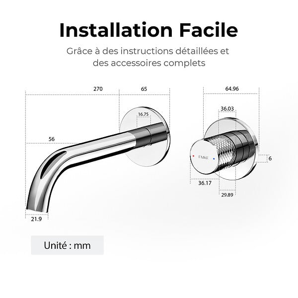 EMKE - EMKE Mitigeur Lavabo Mural Design Séparé 281×140×65 mm, Robinet Chromé en Laiton & Inox 304, Cartouche Céramique Longue Durée - large