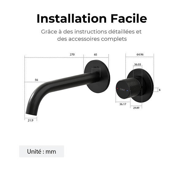 EMKE - EMKE Mitigeur Lavabo Mural Design Séparé 281×140×65 mm, Robinet Noir Mat en Laiton & Inox 304, Cartouche Céramique Longue Durée - large
