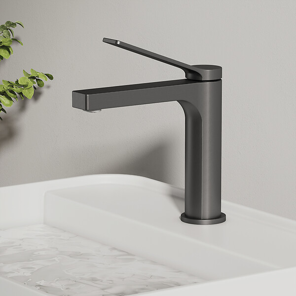 EMKE - EMKE Mitigeur de lavabo design anthracite – Robinet salle de bain avec cartouche céramique en laiton, 19,5 × 17,3 cm, mousseur démontable - large