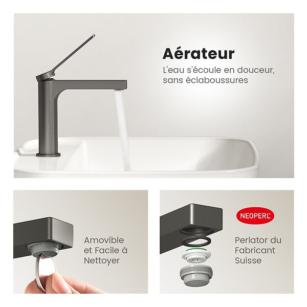 EMKE - EMKE Mitigeur de lavabo design anthracite – Robinet salle de bain avec cartouche céramique en laiton, 19,5 × 17,3 cm, mousseur démontable - large
