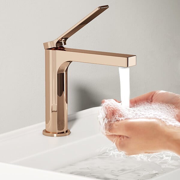 EMKE - EMKE Mitigeur de lavabo design or rose – Robinet salle de bain avec cartouche céramique en laiton, 19,5 × 17,3 cm, mousseur démontable - large