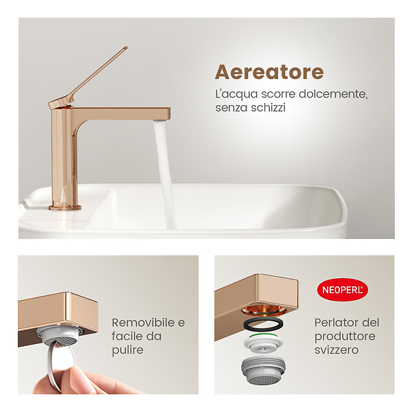 EMKE - EMKE Mitigeur de lavabo design or rose – Robinet salle de bain avec cartouche céramique en laiton, 19,5 × 17,3 cm, mousseur démontable - large